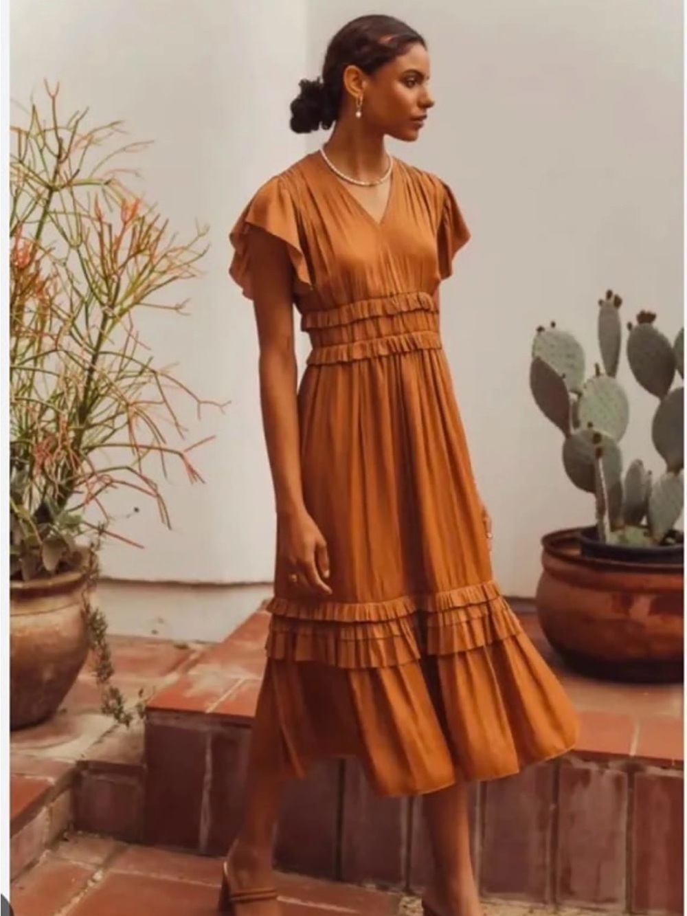 Bohme Willa Ruffle Modest Midi Dress Camel Rust Small